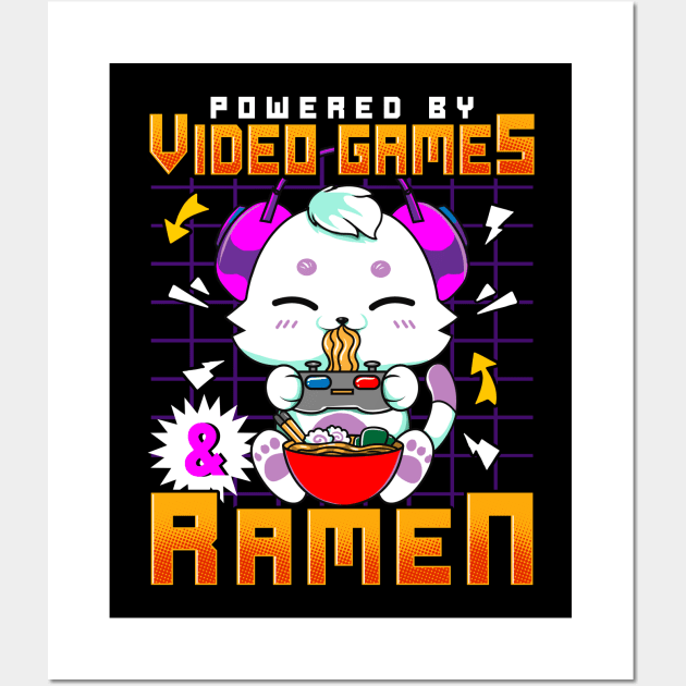 Powered By Video Games & Ramen Anime Cat Gamer Wall Art by theperfectpresents